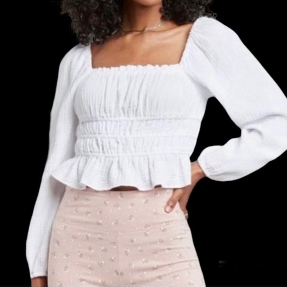 Wild Fable White Smocked Peplum Blouse with Square Neck